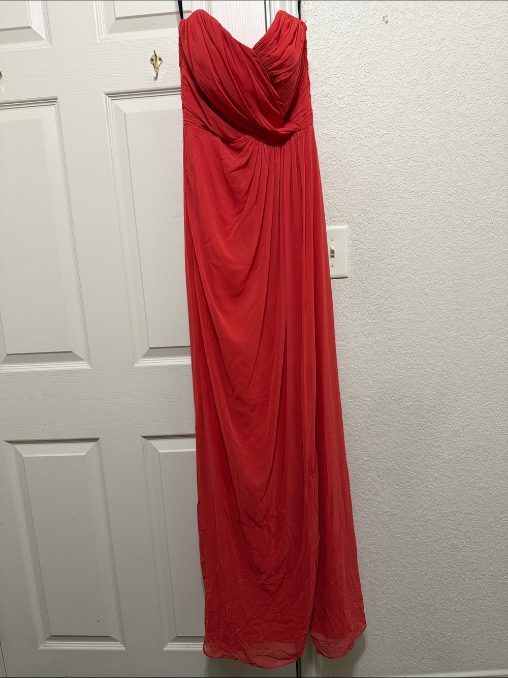 Dessy Collection Strapless Draped Maxi Dress in Coral Red/Orange